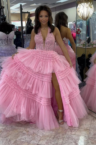 Halter Tulle A-Line Tiered Long Corset Prom Dress with Appliques