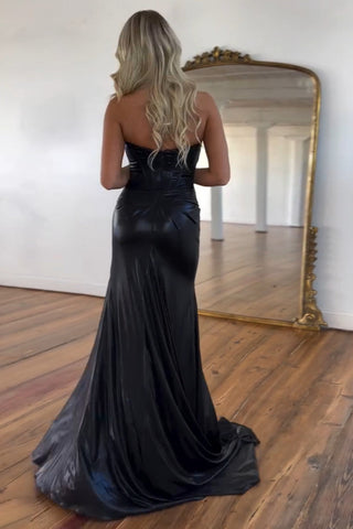 Royal Sweetheart Mermaid Metallic Long Corset Prom Dress with Slit