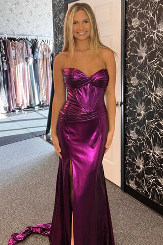 Royal Sweetheart Mermaid Metallic Long Corset Prom Dress with Slit