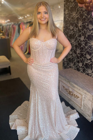 Sparkly Pink Spaghetti Straps Mermaid Sequins Long Corset Prom Dress