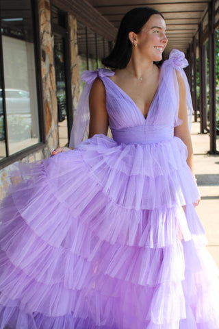 Lilac Adjustable Straps Princess Tulle Tiered Long Prom Dress with Slit
