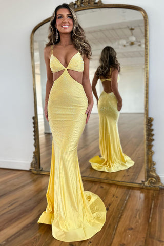 Glitter Spaghetti Straps Mermaid Cut-out Long Prom Dress with Beading