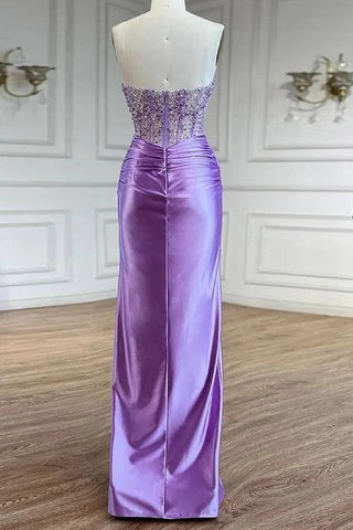 Purple Sweetheart Mermaid Ruched Satin Long Corset Prom Dress with Beading