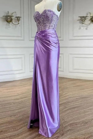 Purple Sweetheart Mermaid Ruched Satin Long Corset Prom Dress with Beading