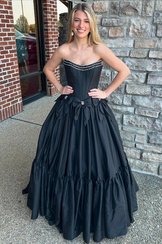 Strapless A-Line Satin Long Corset Prom Dress with Bows