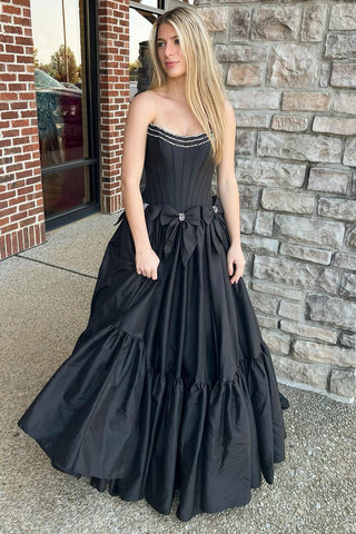 Strapless A-Line Satin Long Corset Prom Dress with Bows