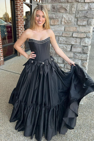Strapless A-Line Satin Long Corset Prom Dress with Bows
