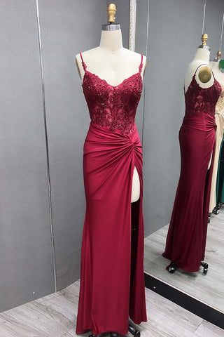 Spaghetti Straps Mermaid Satin Corset Long Corset Prom Dress with Appliques