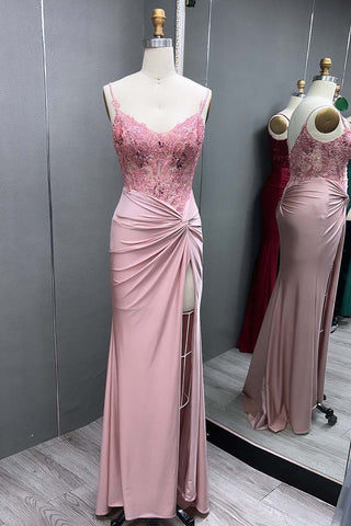 Spaghetti Straps Mermaid Satin Corset Long Corset Prom Dress with Appliques