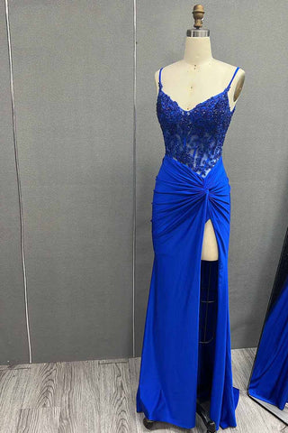 Spaghetti Straps Mermaid Satin Corset Long Corset Prom Dress with Appliques