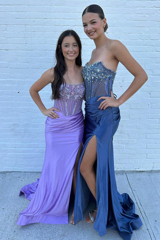 Glitter  Strapless Mermaid Satin Beaded Long Corset Prom Dress with Slit