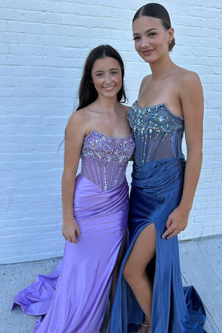 Glitter  Strapless Mermaid Satin Beaded Long Corset Prom Dress with Slit