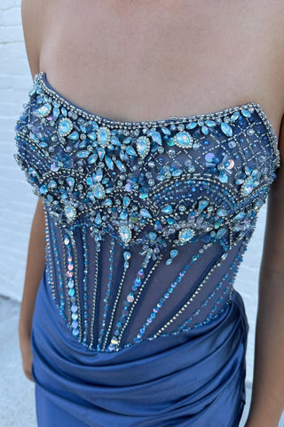 Glitter  Strapless Mermaid Satin Beaded Long Corset Prom Dress with Slit