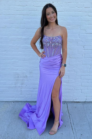 Glitter  Strapless Mermaid Satin Beaded Long Corset Prom Dress with Slit