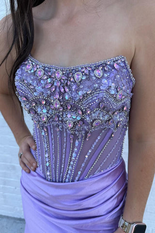 Glitter  Strapless Mermaid Satin Beaded Long Corset Prom Dress with Slit