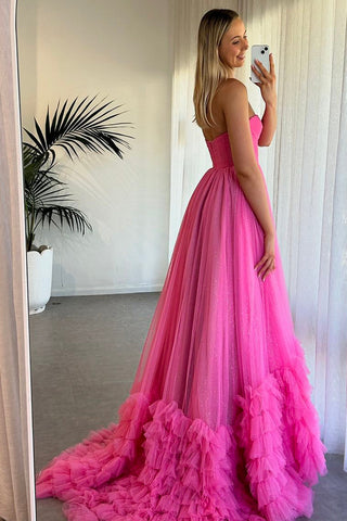Sweetheart Tulle A-Line Ruffled Long Corset Prom Dress with Slit