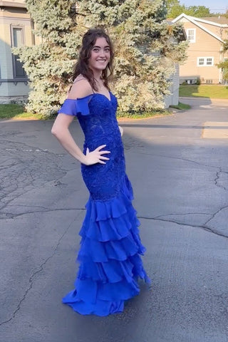 Cold Shoulder Chiffon Tiered Mermaid Long Prom Dress with Appliques