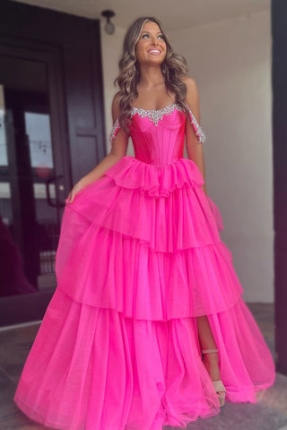 Off the Shoulder A-Line Tulle Tiered Long Corset Prom Dress with Slit
