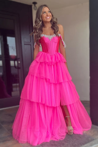 Off the Shoulder A-Line Tulle Tiered Long Corset Prom Dress with Slit