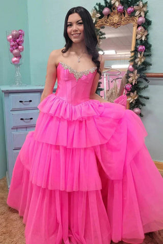 Off the Shoulder A-Line Tulle Tiered Long Corset Prom Dress with Slit