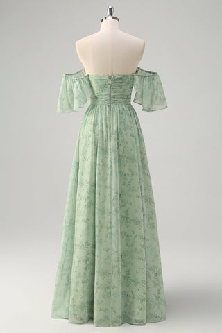 Sage Off the Shoulder A-Line Chiffon Ruched Long Prom Dress with Slit