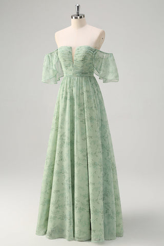 Sage Off the Shoulder A-Line Chiffon Ruched Long Prom Dress with Slit