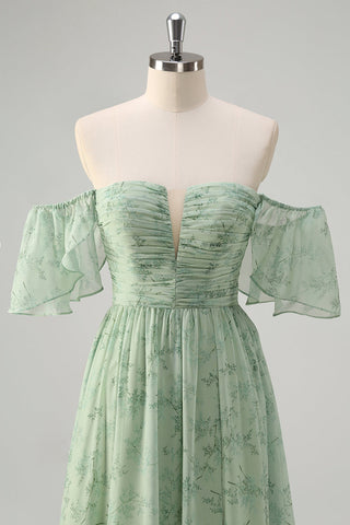 Sage Off the Shoulder A-Line Chiffon Ruched Long Prom Dress with Slit