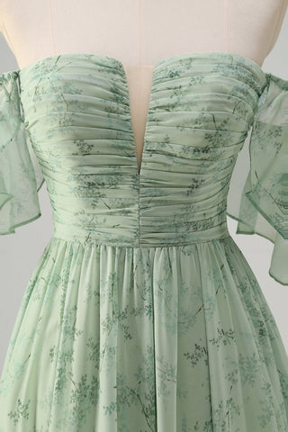 Sage Off the Shoulder A-Line Chiffon Ruched Long Prom Dress with Slit