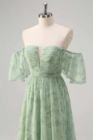 Sage Off the Shoulder A-Line Chiffon Ruched Long Prom Dress with Slit