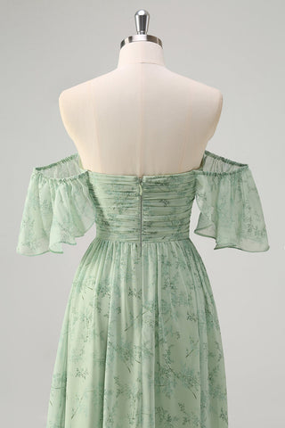 Sage Off the Shoulder A-Line Chiffon Ruched Long Prom Dress with Slit