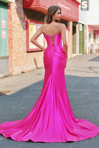 Mermaid Satin Spaghetti Straps Long Corset Prom Dress with Beading