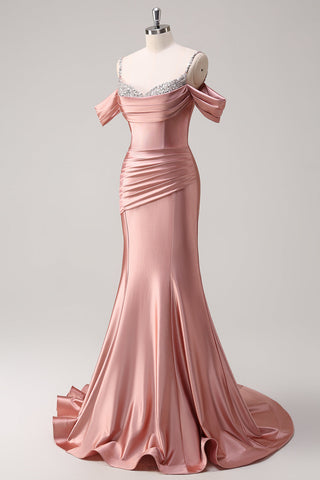 Blush Spaghetti Straps Ruched Mermaid Satin Long Prom Dress with Sequins