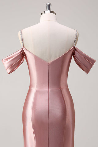 Blush Spaghetti Straps Ruched Mermaid Satin Long Prom Dress with Sequins