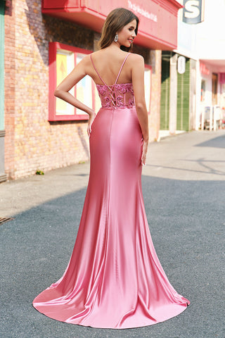 Coral Spaghetti Straps Satin Beaded Mermaid Long Prom Dress with Slit