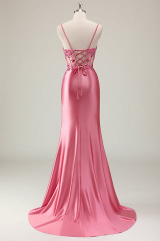 Coral Spaghetti Straps Beaded Mermaid Satin Long Prom Dress with Slit
