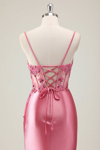 Coral Spaghetti Straps Satin Beaded Mermaid Long Prom Dress with Slit