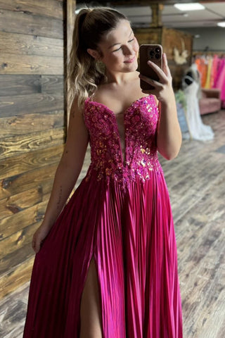 Sparkly Spaghetti Straps A-Line Pleated Long Corset Prom Dress with Appliques
