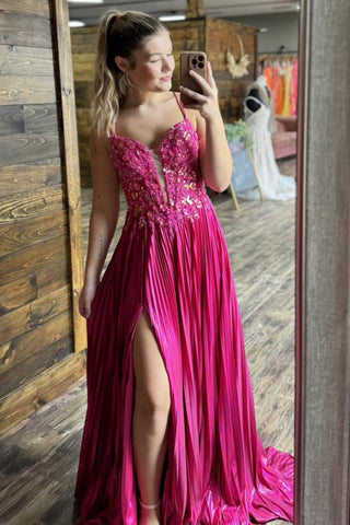 Sparkly Spaghetti Straps A-Line Pleated Long Corset Prom Dress with Appliques