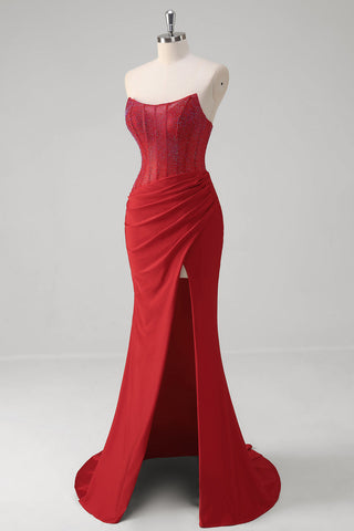 Mermaid Strapless Satin Long Corset Prom Dress with Beading