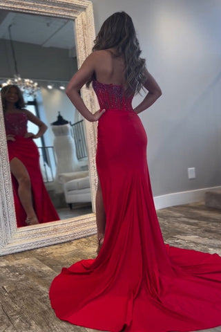 Sparkly Strapless Mermaid Beaded Long Prom Dress with Slit