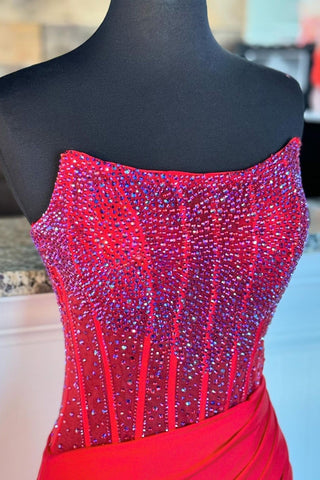 Sparkly Strapless Mermaid Beaded Long Prom Dress with Slit