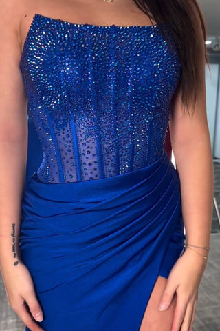 Sparkly Strapless Mermaid Beaded Long Prom Dress with Slit