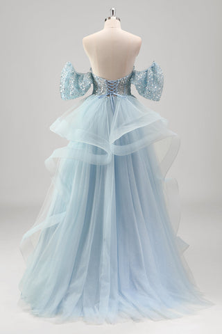 Sweetheart Sequins A-Line Tulle Tiered Long Corset Prom Dress