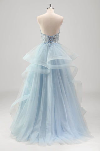 Sweetheart Sequins A-Line Tulle Tiered Long Corset Prom Dress