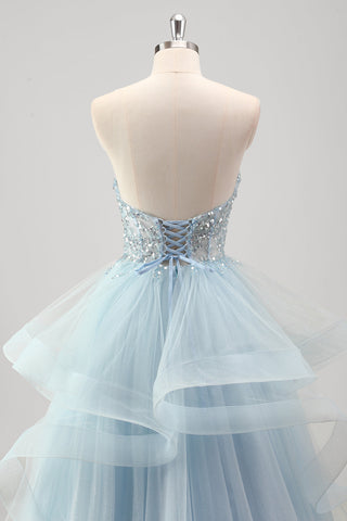 Sweetheart Sequins A-Line Tulle Tiered Long Corset Prom Dress