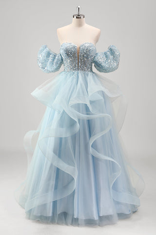 Sweetheart Sequins A-Line Tulle Tiered Long Corset Prom Dress