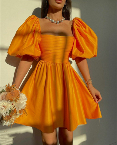 Vestido de fiesta naranja estilo retro con mangas abullonadas y corte en A. Vestido de cóctel naranja Y5064