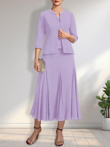 Separates A-line Scoop Tea-Length Chiffon Mother of the Bride Dress With Sequins Beading