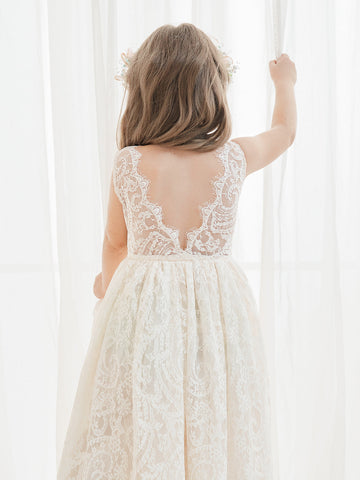 A-line Lace Ankle-length Ivory Boho Flower Girl Dress
