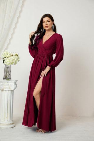 Sunnderly Evening Dresses Deep V-Neck Chiffon Bridesmaid Dresses Long Bishop Sleeve Side Split Formal Dress SY2806